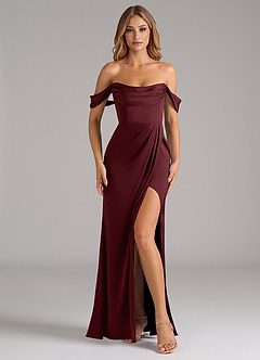 Azazie Johana Bridesmaid Dresses Cabernet Mermaid Off the Shoulder Stretch Satin Convertible Dress image3