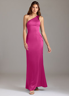 Azazie Arleth Vestidos de damas de honor Vestido de Fucsia de Satén Elástico de Corte en A con Hombro unilateral image3