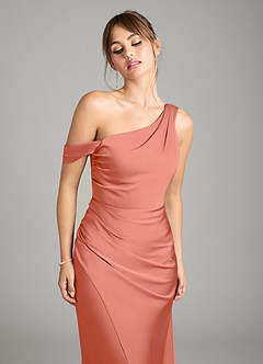 Azazie Madelyn Bridesmaid Dresses Salmon Pink Mermaid One Shoulder Stretch Satin Convertible Dress image4