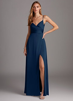 Azazie Calissa Bridesmaid Dresses Dark Navy A-Line V-Neck Pleated Stretch Satin Dress image1