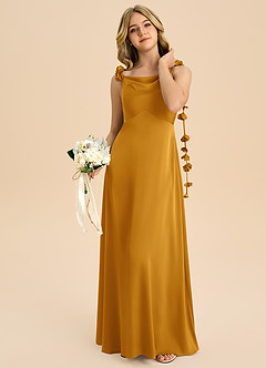 Azazie Gumdrop Junior Butterscotch Empire Pleated Stretch Satin Dress image2