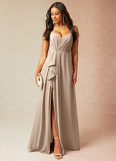 Azazie Kyedae Bridesmaid Dresses Taupe A-Line V-Neck Pleated Chiffon Dress image1
