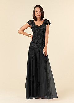 Azazie Romy Mother of the Bride Dresses Black Mermaid V-Neck Sequins Tulle Dress image1
