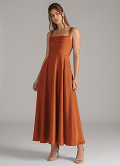 Azazie Shaude Bridesmaid Dresses Cinnamon A-Line Pleated Stretch Satin Dress image4