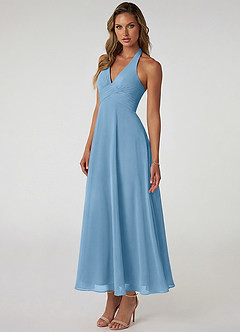 Azazie Tessie Vestidos de damas de honor Vestido de Azul Acero de Gasa de Corte en A con Plisado image3