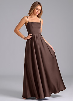 Azazie Elita 신부 들러리 드레스 A라인 주름진 스트레치 새틴 바닥 길이 드레스 image3