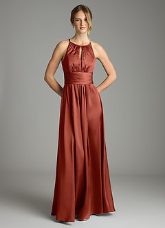Azazie Bonnie Bridesmaid Dresses Terracotta A-Line Pleated Stretch Satin Dress image3