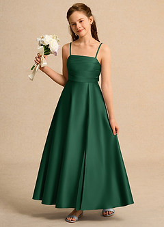 Azazie Pebbles Girls Formal Flower Girl Dresses Dark Green A-Line Pleated Matte Satin Dress image1