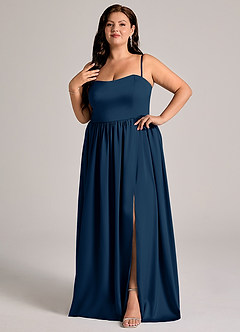 Azazie Calianna Robes de demoiselle d'honneur Robe Trapèze Convertible en Satin extensible Épaule décolletée Bleu Marine Foncé image9