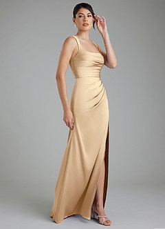 Azazie Sierra Bridesmaid Dresses Champagne A-Line Corset Stretch Satin Dress image4