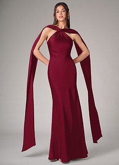 Azazie Kinsley Bridesmaid Dresses Burgundy Mermaid Side Slit Stretch Satin Dress image1