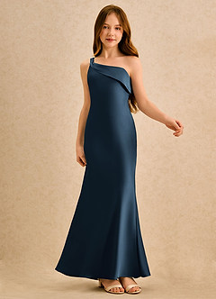 Azazie Almond Girls Formal Jurken voor bloemenmeisjes Kokerjurk Jurk van Stretch Satijn One-shoulder Donkere Marine image6