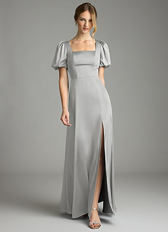 Azazie Fyona Bridesmaid Dresses Silver A-Line Pleated Stretch Satin Dress image1