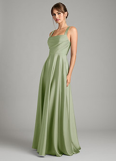 Azazie Shaude Vestidos de damas de honor Vestido de Salvia Polvorienta de Satén Elástico de Corte en A con Plisado image11