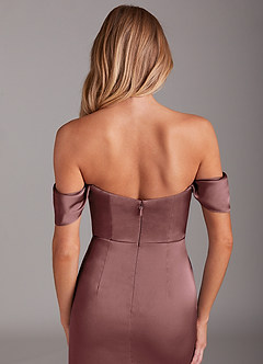 Azazie Saige Bridesmaid Dresses Vintage Mauve Sheath Off the Shoulder Stretch Satin Dress image9