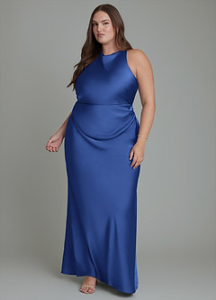 Azazie Evadne Bridesmaid Dresses Royal Blue Sheath Pleated Stretch Satin Dress image12