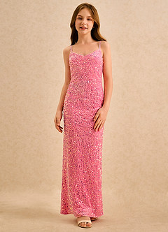 Azazie Nini Girls Formal vestidos de niña de las flores Vestido de Rosa Caramelo de Lentejuelas de Corte Recto image3