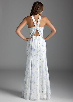 Azazie Rue Bridesmaid Dresses Blue Vintage Floral A-Line Halter Chiffon Dress image2