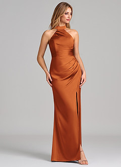 Azazie Karlotta Bridesmaid Dresses Cinnamon Sheath Pleated Stretch Satin Dress image5