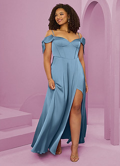Barbie ♥ Azazie Brautjungfernkleider A-Linie Schulterfrei Stretch-Satin Kleid Stahlblau image10