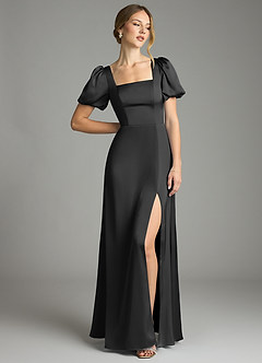 Azazie Fyona Bridesmaid Dresses Black A-Line Pleated Stretch Satin Dress image3