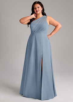 Azazie Phaedra Robes de demoiselle d'honneur Robe Trapèze en Mousseline de soie Ue épaule Bleu Poussiéreux image15