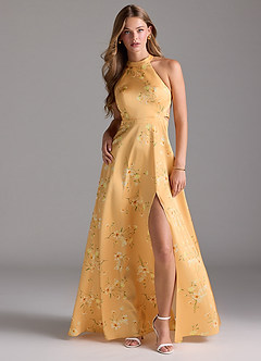 Azazie Clarice Bridesmaid Dresses Golden Blooms A-Line High Neck Stretch Satin Dress image4