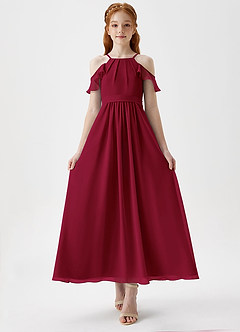 Azazie Chaya Junior Burgundy A-Line Off the Shoulder Chiffon Dress image4