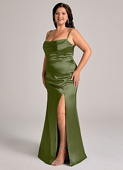 Azazie Saige Bridesmaid Dresses Olive Sheath Off the Shoulder Metallic Satin Convertible Dress image13