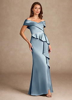 Azazie Dareia vestidos de madre de la novia Vestido de Azul Polvoriento de Satén Elástico de Sirena con Vestidos sin tirantes image4