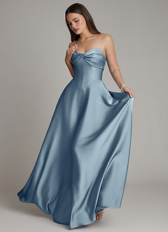 Azazie Meleena Bridesmaid Dresses Dusty Blue A-Line Strapless Stretch Satin Dress image5