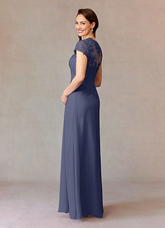 Azazie Junie Mère de la mariée Robes Robe Trapèze en Mousseline de soie Dentelle Bleu Orageux image4