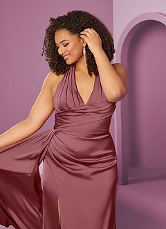 Barbie ♥ Azazie Robes de demoiselle d'honneur Robe Sirène en Satin extensible Plissée Rose Du Désert image9