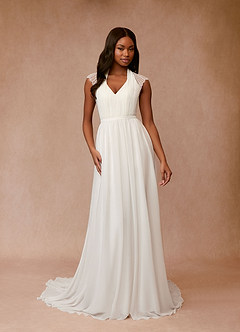 Azazie Cersei At-home Try On Dresses Diamond White A-Line Pleated Chiffon Dress image1