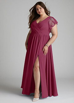 Azazie Zella Brautjungfernkleider A-Linie Spitze Chiffon Kleid Maulbeerrot image9