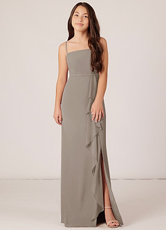 Azazie Kaylee Junior Taupe A-Line with Belt Chiffon Dress image1