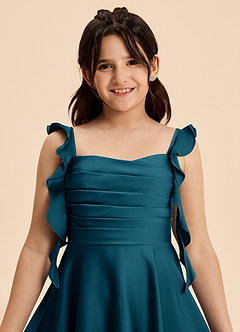 Azazie Kira Junior Ink Blue A-Line Ruched Stretch Satin Dress image8