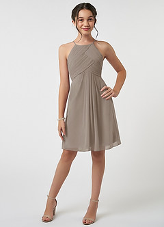 Azazie Ginny Junior Taupe A-Line Pleated Chiffon Dress image1