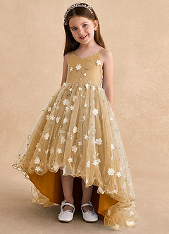 Azazie Celia Flower Girl Dresses Butterscotch A-Line Spaghetti Strap Tulle Dress image5