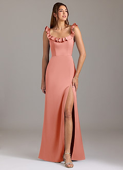 Azazie Callie Robes de demoiselle d'honneur Robe Trapèze Convertible en Satin extensible Rayé Corail image1