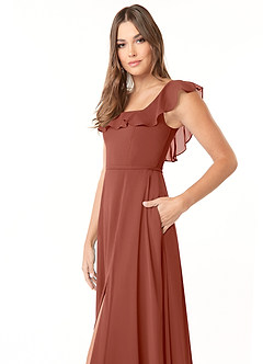 Azazie Jinny Jurken voor bruidsmeisjes Jurk van Chiffon met A-Lijn Vierkante halslijn gerimpeld Kastanjebruin image5