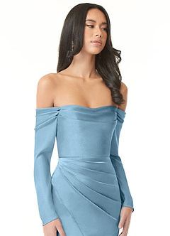 Azazie Hallie Vestidos de damas de honor Vestido de Azul Acero de Satén Elástico de Corte Recto Convertible con Manga larga con hombros descubiertos image1