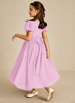 Azazie Joss Robe Demoiselle D'honneur Fillette Robe Trapèze en Mousseline de soie avec manches Rose Bonbon image2