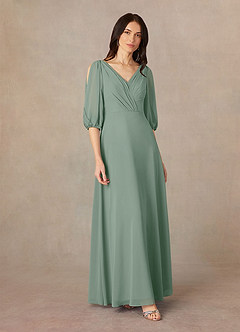Azazie Bronwyn Mother of the Bride Dresses Silver Sage A-Line V-Neck Ruched Chiffon Dress image2