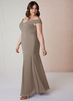 Azazie Lecia Bridesmaid Dresses Taupe Empire Off-The-Shoulder Pleated Chiffon Convertible Dress image10