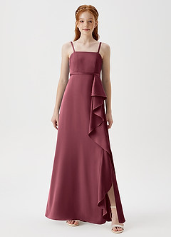 Azazie Kaylee Junior Robe Trapèze en Satin extensible avec ceinture Merlot image3