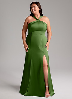 Azazie Rue Vestidos de damas de honor Vestido de Albahaca de Satén Elástico de Corte Sirena con Plisado image10