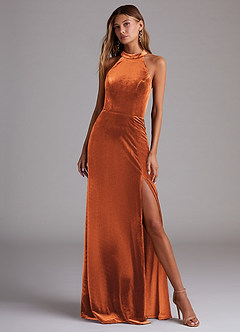 Azazie Larice Vestidos de damas de honor Vestido de Naranja Quemada de terciopelo de Corte en A con Con bolsillos image4
