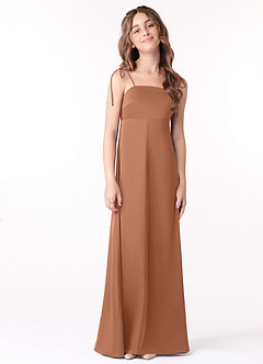 Azazie Violeta Junior Abito A-Line in Raso Elasticizzato Fiocco Bronzo image1
