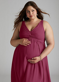Azazie Yetta Maternity Bridesmaid Dresses A-Line V-Neck Gathered Chiffon Floor-Length Dress image8